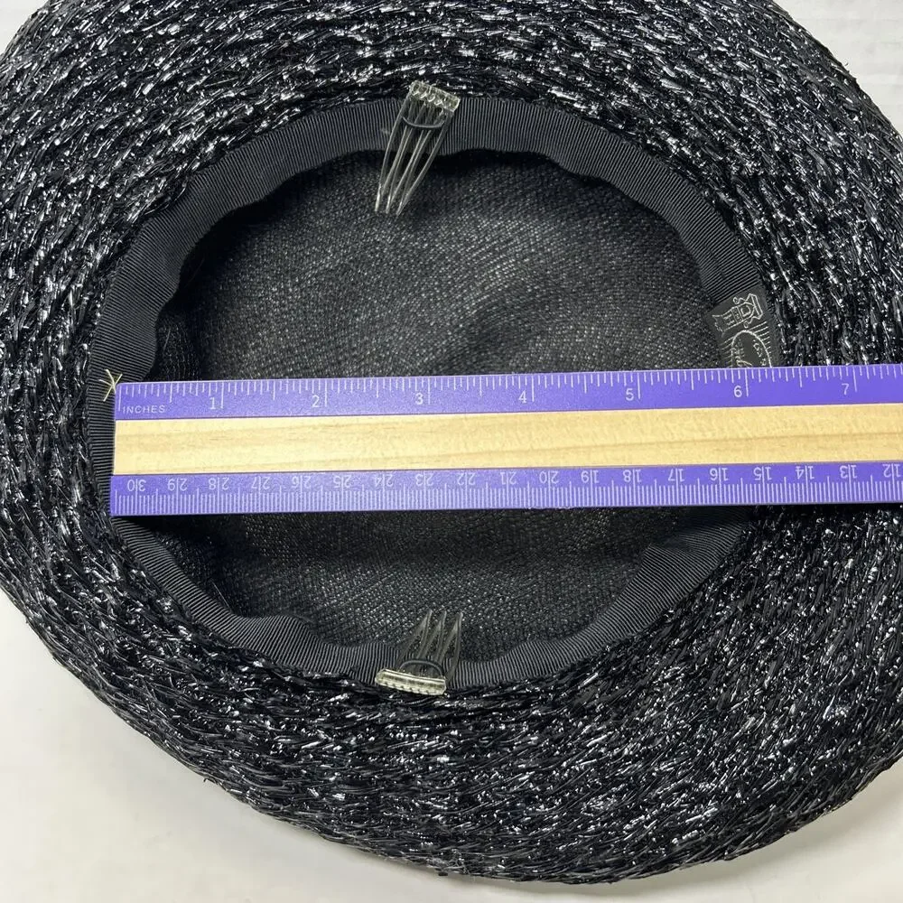 Vtg Hattie Carnegie I Magnin Co., Black Cloche Hat 1950s Woven Ratten Bow Hat